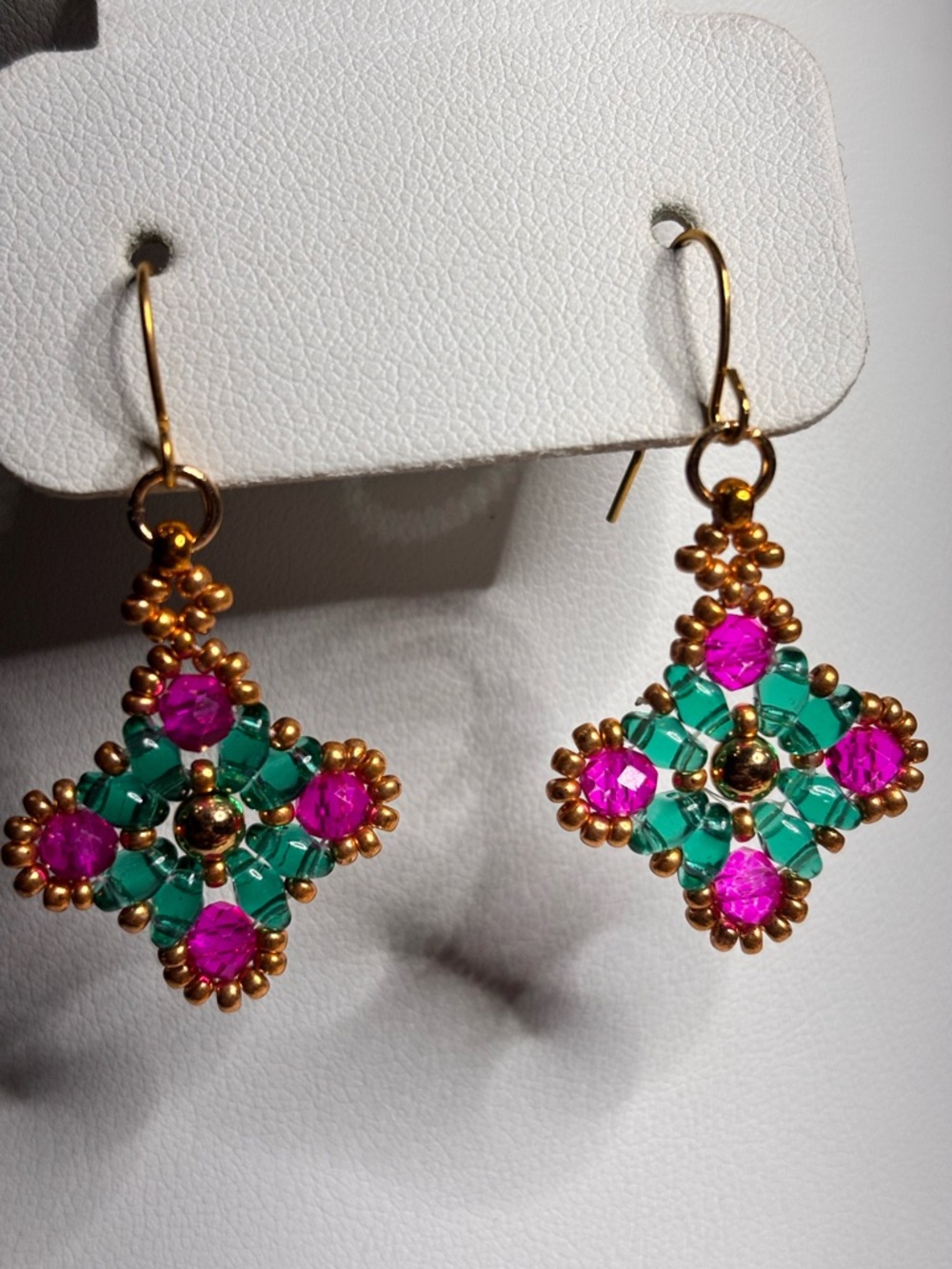 Artisan Fuchsia Gold and Emerald Beaded Drop  Pierced Earrings 2 inches